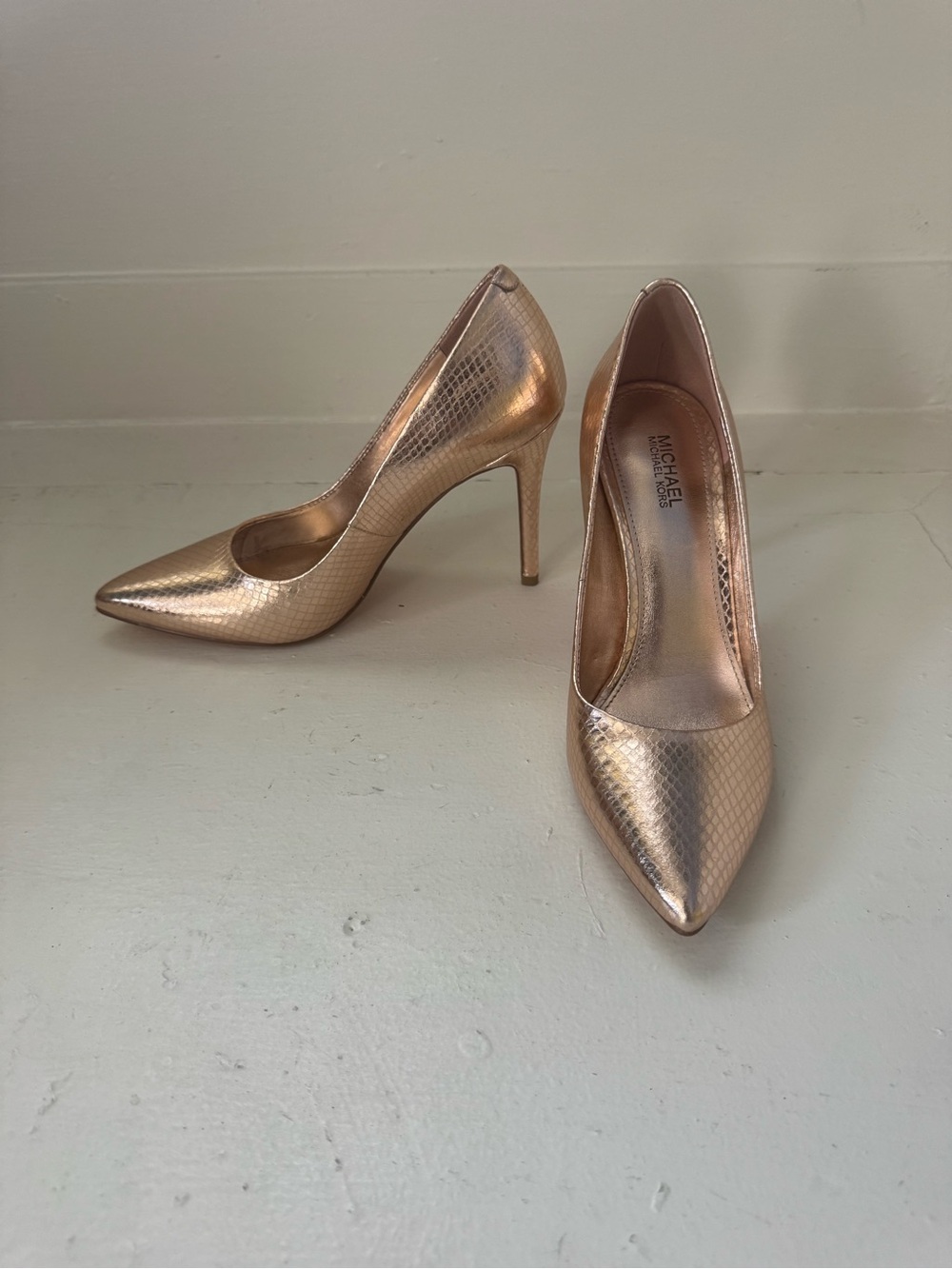 MICHAEL Michael Kors Rose Gold Snake-Embossed Pointed Toe Heels —New with Tags